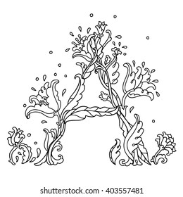 Pattern for coloring book. hand-drawn decorative A letter of the alphabet coloring book for adults in vector. Doodles. Black and white. Colouring book style. For adult coloring book  in zenart style. 