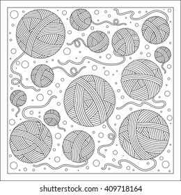 Pattern for coloring book. Hand-drawn decorative elements in vector. Black and white pattern. Vector illustration outline drawing yarn balls.  Zentangle.