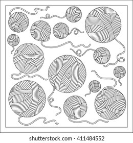 Pattern for coloring book. Hand-drawn decorative elements in vector. Black and white pattern. Vector illustration outline drawing yarn balls.  Zentangle.