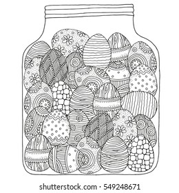 Pattern for coloring book. Hand-drawn decorative elements in vector. Easter eggs  in a jar. Black and white pattern.  Made by trace from sketch. Zentangle.
