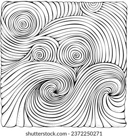 Pattern for coloring book. Hand-drawn swirls, ringlets, sea waves, Van Gogh sky. Doodle, vector, zentangle design element. Adult coloring book.