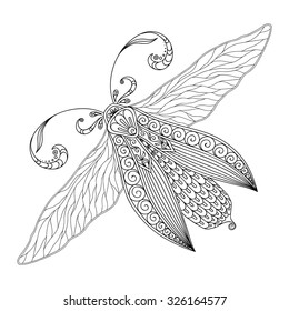 Pattern for coloring book. Henna Mehendi Tattoo Style Doodles butterfly. Design element.. Hand Drawn vector illustration isolated on white background.Coloring book pages for kids and adults.