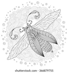 Pattern for coloring book. Henna Mehendi Tattoo Style Doodles butterfly. Design element.. Hand Drawn vector illustration isolated on white background.Coloring book pages for kids and adults.