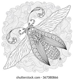 Pattern for coloring book. Henna Mehendi Tattoo Style Doodles butterfly. Design element.. Hand Drawn vector illustration isolated on white background.Coloring book pages for kids and adults.