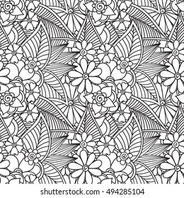 Pattern for coloring book. Leaves. Ethnic, floral, retro, doodle, tribal design element. Black and white background. Zentangle patterns.