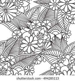 Pattern for coloring book. Leaves. Ethnic, floral, retro, doodle, tribal design element. Black and white background. Zentangle patterns.