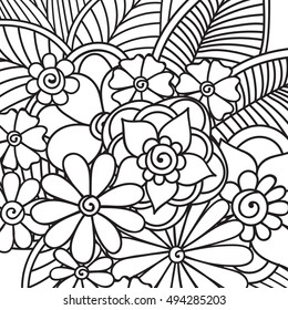 Pattern for coloring book. Leaves. Ethnic, floral, retro, doodle, tribal design element. Black and white background. Zentangle patterns.