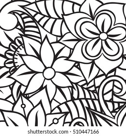 Pattern for coloring book. Leaves. Ethnic, floral, retro, doodle, tribal design element. Black and white background. Zentangle patterns.