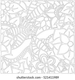 Pattern for coloring book. Leaves. Ethnic, floral, retro, doodle, tribal design element. Black and white background. Zentangle patterns.