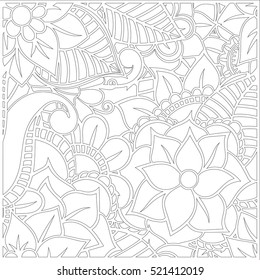 Pattern for coloring book. Leaves. Ethnic, floral, retro, doodle, tribal design element. Black and white background. Zentangle patterns.