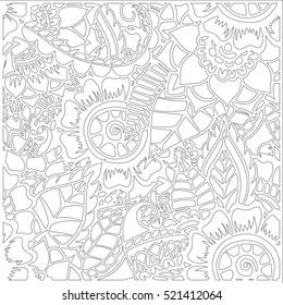 Pattern for coloring book. Leaves. Ethnic, floral, retro, doodle, tribal design element. Black and white background. Zentangle patterns.