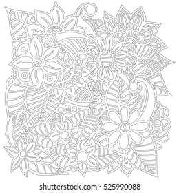 Pattern for coloring book. Leaves. Ethnic, floral, retro, doodle, tribal design element. Black and white background. Zentangle patterns.