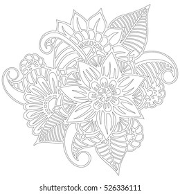 Pattern for coloring book. Leaves. Ethnic, floral, retro, doodle, tribal design element. Black and white background. Zentangle patterns.