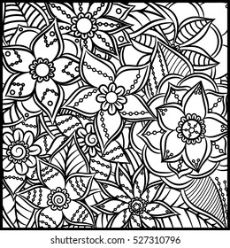 Pattern for coloring book. Leaves. Ethnic, floral, retro, doodle, tribal design element. Black and white background. Zentangle patterns.