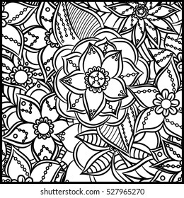 Pattern for coloring book. Leaves. Ethnic, floral, retro, doodle, tribal design element. Black and white background. Zentangle patterns.