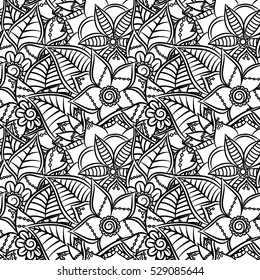 Pattern for coloring book. Leaves. Ethnic, floral, retro, doodle, tribal design element. Black and white background. Zentangle patterns.
