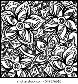 Pattern for coloring book. Leaves. Ethnic, floral, retro, doodle, tribal design element. Black and white background. Zentangle patterns.