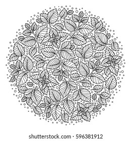 Pattern for coloring book. Leaves. Ethnic, floral, retro, doodle, tribal design element. Black and white background. Round zentangle patterns.