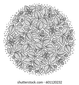 Pattern for coloring book. Leaves. Ethnic, floral, retro, doodle, tribal design element. Black and white background. Round zentangle patterns.