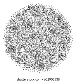 Pattern for coloring book. Leaves. Ethnic, floral, retro, doodle, tribal design element. Black and white background. Round zentangle patterns.