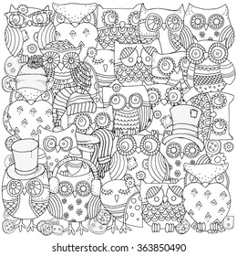 Pattern for coloring book. Owls. Black and white  background. Artistically drawn, zentangle, stylized, feathers