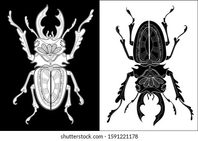 Pattern for coloring book. Coloring pages for adults and children. Natural elements, patterns. Antistress, art therapy. Black and white image of a beetle.