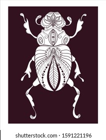 Pattern for coloring book. Coloring pages for adults and children. Natural elements, patterns. Antistress, art therapy. Black and white image of a beetle.