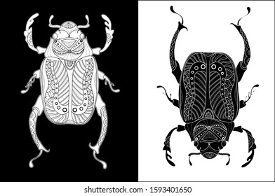 Pattern for coloring book. Coloring pages for adults and children. Natural elements, patterns. Antistress, art therapy. Black and white image of a beetle.