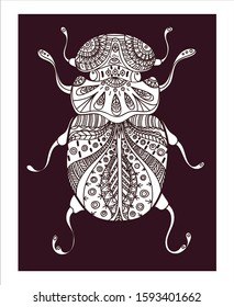 Pattern for coloring book. Coloring pages for adults and children. Natural elements, patterns. Antistress, art therapy. Black and white image of a beetle.