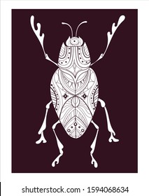 Pattern for coloring book. Coloring pages for adults and children. Natural elements, patterns. Antistress, art therapy. Black and white image of a beetle.
