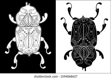Pattern for coloring book. Coloring pages for adults and children. Natural elements, patterns. Antistress, art therapy. Black and white image of a beetle.