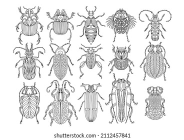 Pattern for coloring book. Coloring pages for adults and children. Natural elements, patterns. Antistress, art therapy. Black and white image of a beetle.