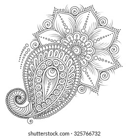 Pattern for coloring book. Coloring book pages for kids and adults.Vector abstract floral elements in indian style.  Henna Mehndi Tattoo Style Doodles