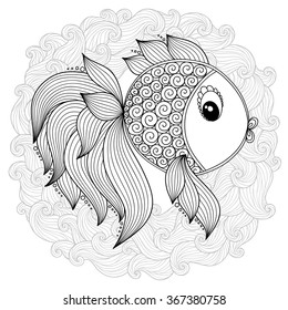 Patrón para el libro de colorear. Colores de páginas de libros para niños y adultos.Pescado de dibujos animados. Doodles estilo tatuaje Henna Mehndi