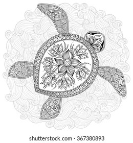 Pattern for coloring book. Coloring book pages for kids and adults. Decorative graphic turtle. Henna Mehndi Tattoo Style Doodles