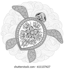 Pattern for coloring book. Coloring book pages for kids and adults. Decorative graphic turtle. Henna Mehndi Tattoo Style Doodles