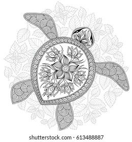 Pattern for coloring book. Coloring book pages for kids and adults. Decorative graphic turtle. Henna Mehndi Tattoo Style Doodles