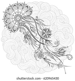 Pattern for coloring book. Coloring book pages for kids and adults. Abstract graphic illustration of jellyfish in vector . Henna Mehndi Tattoo Style Doodles