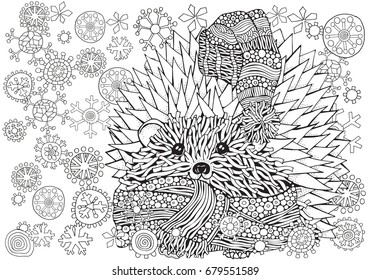 Pattern for coloring book. Prickly hedgehog with Xmas Snowflakes. Hand-drawn elements in vector. A4 size. Black and white.