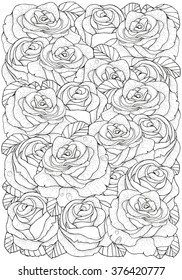 Pattern for coloring book with roses. A4 size. Floral, retro, doodle, vector, design element. Black and white background. zentangle