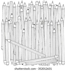 Pattern for coloring book. Set of colored pencils, hand-drawn decorative elements in vector. Doodles. Black and white.  Made by trace from sketch. 