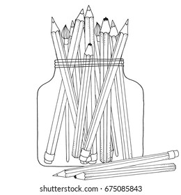 Pattern for coloring book. Set of colored pencils in glass jar, hand-drawn decorative elements in vector. Doodles. Black and white. 