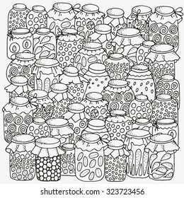 Pattern for coloring book. Set of glass jars. Canning.  Hand-drawn decorative elements in vector. Black and white pattern.  Made by trace from sketch. Zentangle.