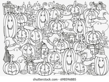 Pattern for coloring book. Set of Halloween symbols pumpkin, broom, bat, spider webs.  Hand-drawn decorative elements in vector. Black and white pattern. Zentangle.