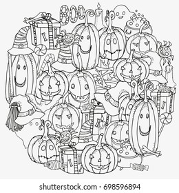 Pattern for coloring book. Set of Halloween symbols pumpkin, broom, bat, spider webs.  Hand-drawn decorative elements in vector. Black and white pattern. Zentangle.