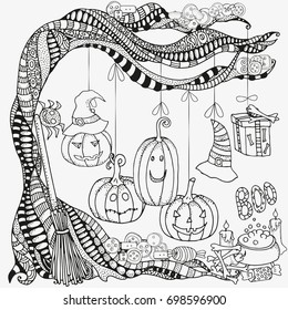 Pattern for coloring book. Set of Halloween symbols pumpkin, broom, bat, spider webs.  Hand-drawn decorative elements in vector. Black and white pattern. Zentangle.