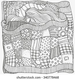 Pattern for coloring book. Sleeping baby. Artistically ethnic patterns. Hand-drawn, ethnic, retro, doodle, vector, zentangle, tribal design element.