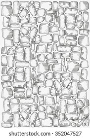 Pattern for coloring book with stones. A4 size. Doodle, vector design elements. Black and white  background. Made by trace from sketch. Ink pen.