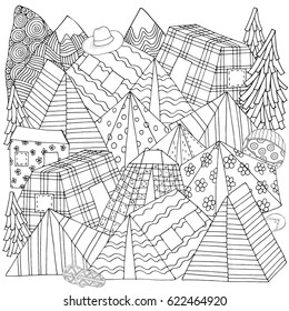 Pattern for coloring book with  tents, mountains, parking of tourists. Camping illustration, Outdoor recreation, Hiking, Walking, Sports, Camping, Landscape.  Zentangle. Black and white in vector.