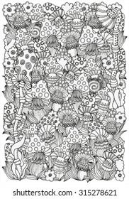 Pattern for coloring book in vector. Fantasy fairy mushrooms in the magic forest.  Mushrooms, flowers. Black and white pattern. Made by trace from sketch. Zentangle. A4 size.